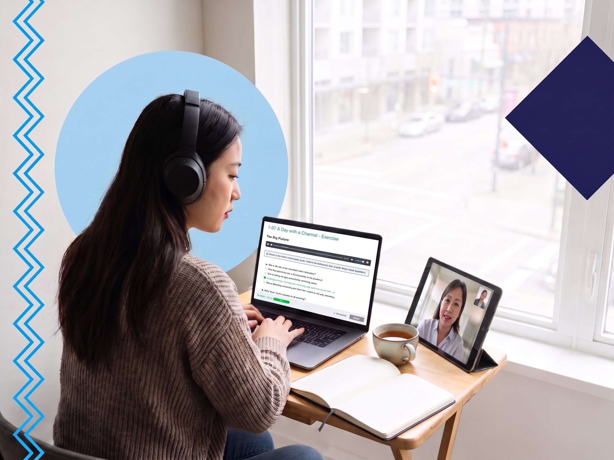 Seorang siswi dengan headphone mengerjakan tes penempatan di rumah, sementara guru privatnya hadir lewat panggilan video di sampingnya