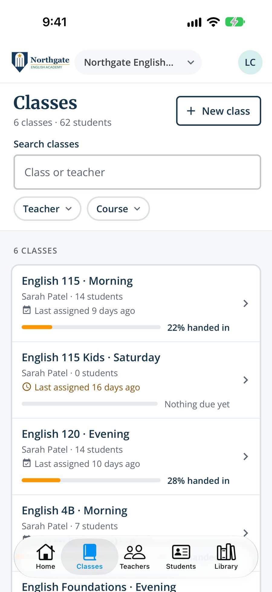 The school’s classes in the Smrt app, each with its teacher, students, when work was last assigned and how much was handed in