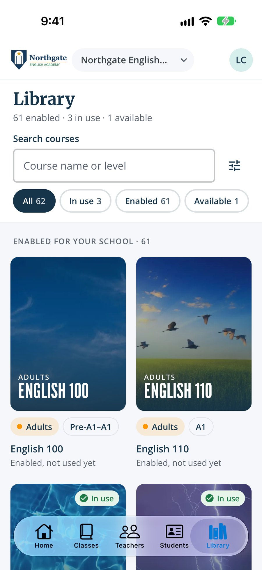 The school’s course library in the Smrt app, with the courses enabled for the school and the ones in use