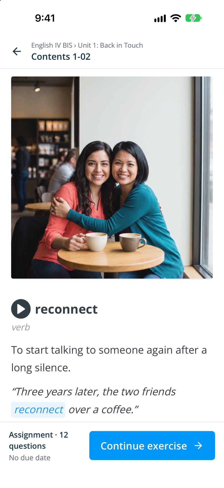 A vocabulary lesson in the Smrt app: a photo, the word, its audio and an example sentence