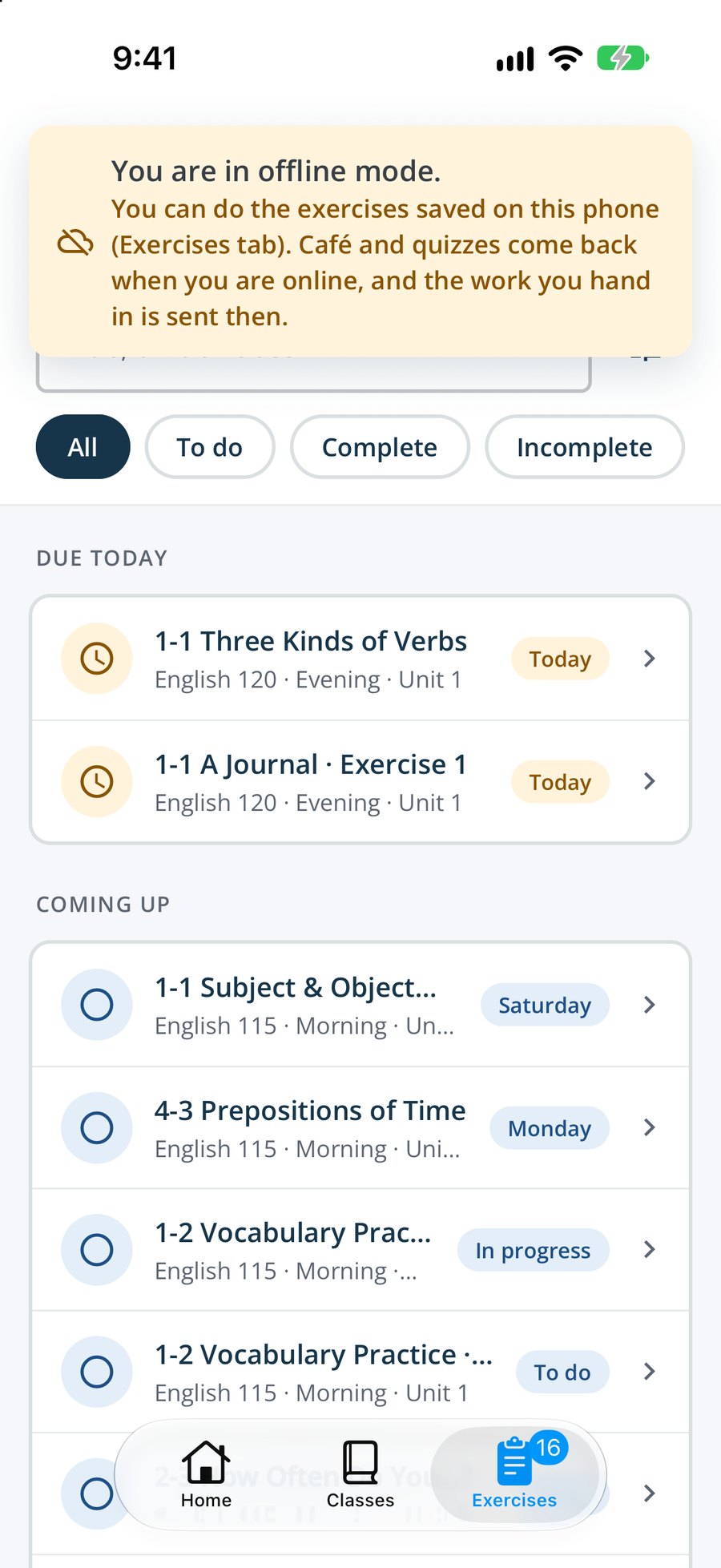The Smrt app in offline mode: a notice that saved exercises can still be done, above the list of exercises due today