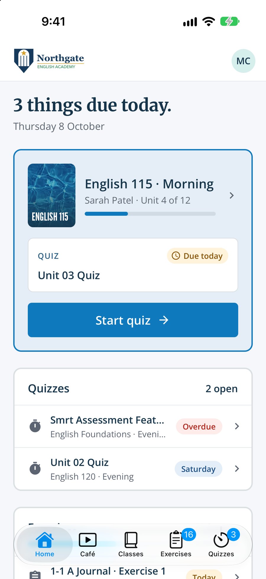 The student’s home screen in the Smrt app: three things due today and a quiz to start