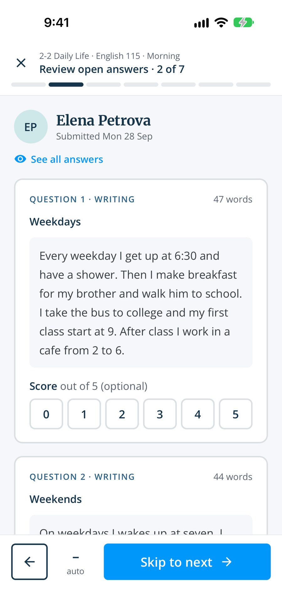 Reviewing a student’s written answer in the Smrt app, with a score from 0 to 5